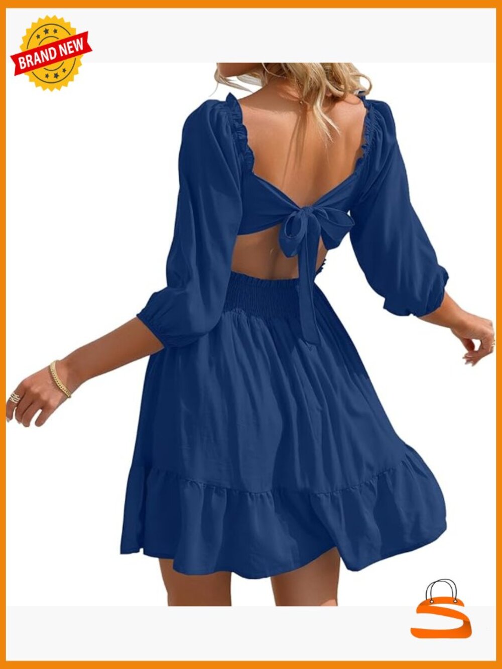 Square Neck Tie Back Lantern Sleeve Mini Dress Smooth Summer